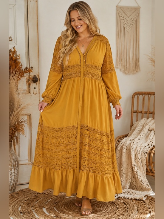 BloomChic Dresses & Skirts - BLOOMCHIC Mustard Yellow Lace Fall Boho Maxi Dress Size 14